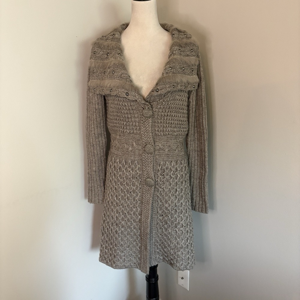 Sioni Knit Cardigan Sweater Small S Duster Faux Fur Studded Cable Knit Brown